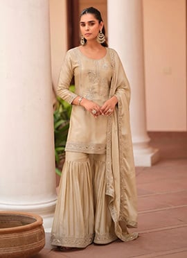 Beige Modal Silk Embroidered Sequins Zari Sharara Suit