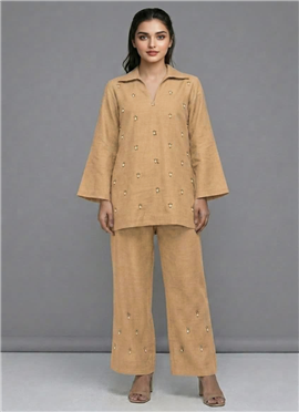Beige Moonlit Pearl Linen Cotton Co Ord Set