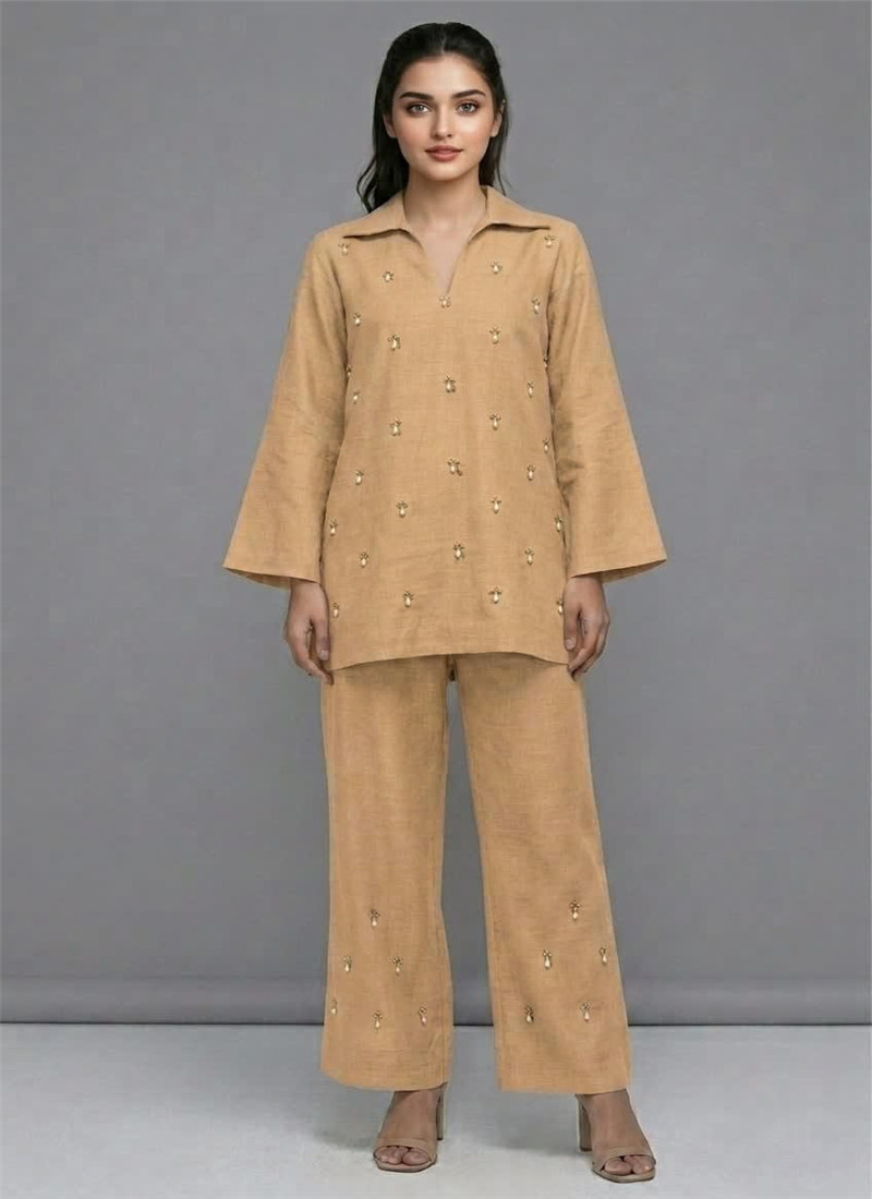 Beige Moonlit Pearl Linen Cotton Co Ord Set After Six Wear