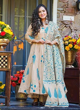 Beige Muslin Digital Print Anarkali Suit