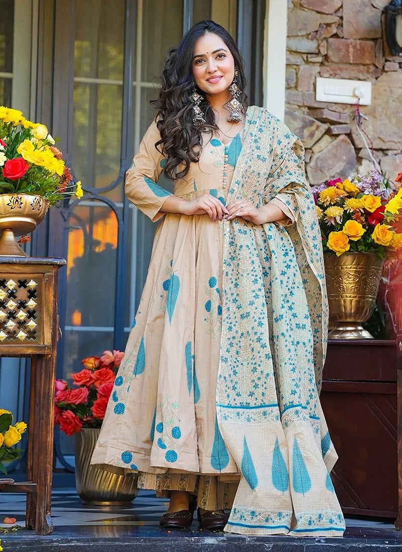 Beige Muslin Digital Print Anarkali Suit After Six Wear