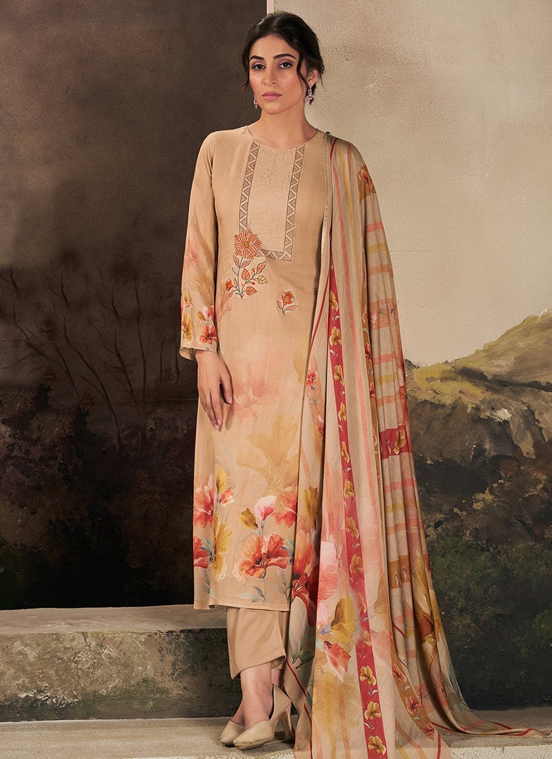 Beige Muslin Digital Print Embroidered Straight Pant Suit