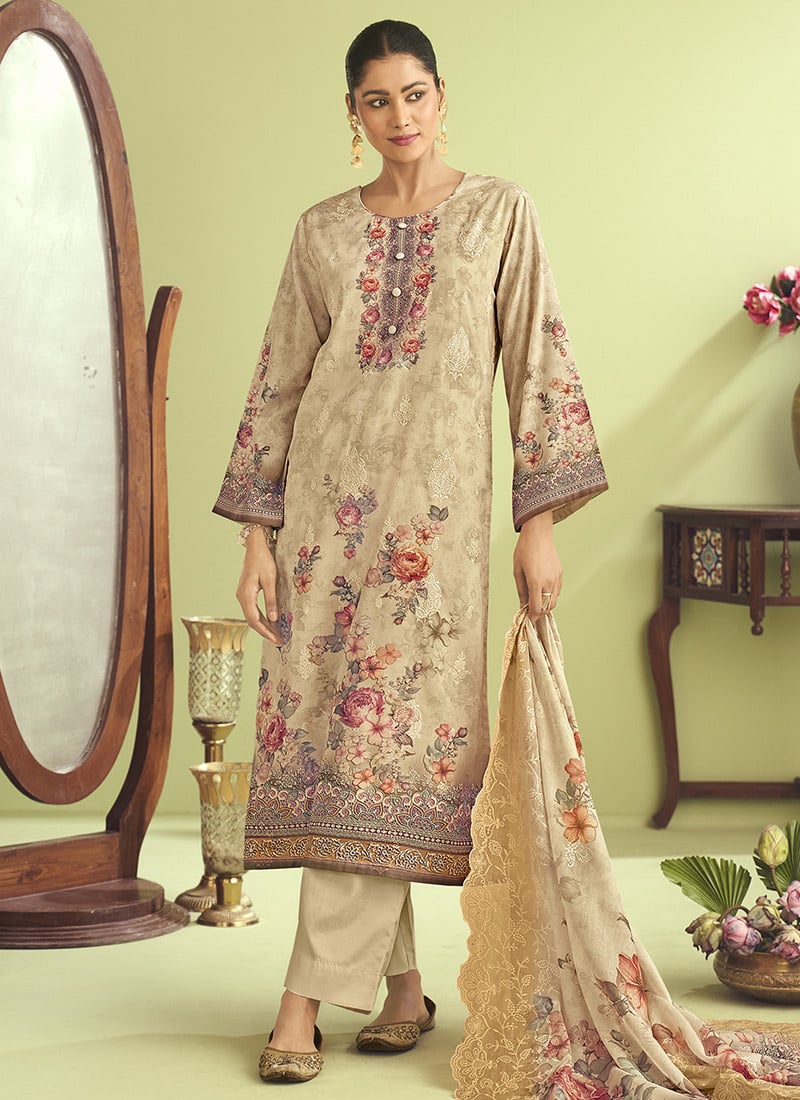Beige Muslin Thread Embroidered Sequins And Digital Print Pakistani Suit Festive Wear