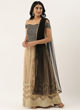 Beige N Black Contrast Off Shoulder Lehenga Set