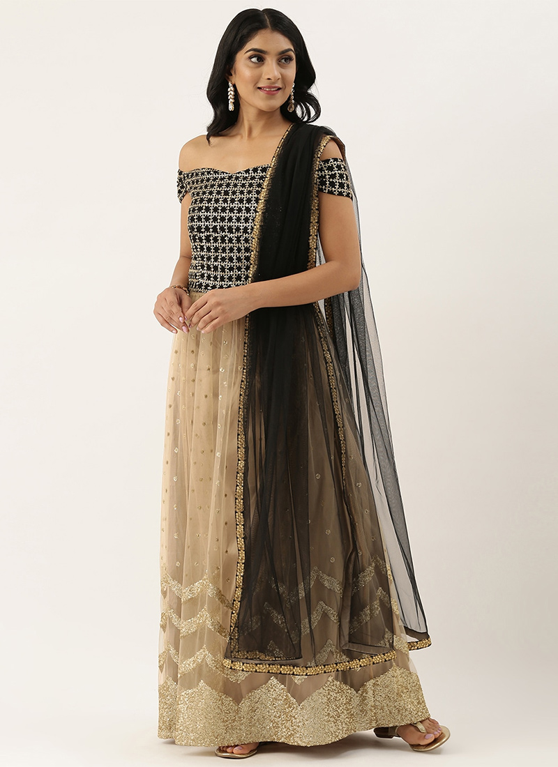 Beige N Black Contrast Off Shoulder Lehenga Set
