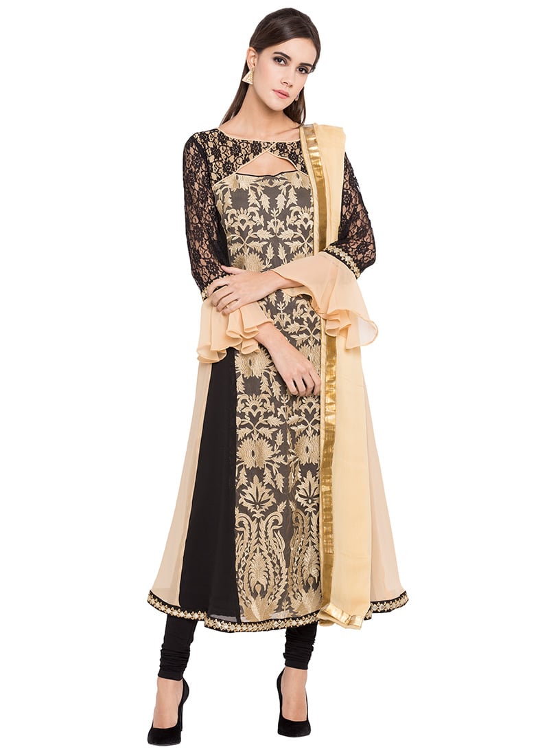 Beige N Black Embroidered Anarkali Suit Party Wear
