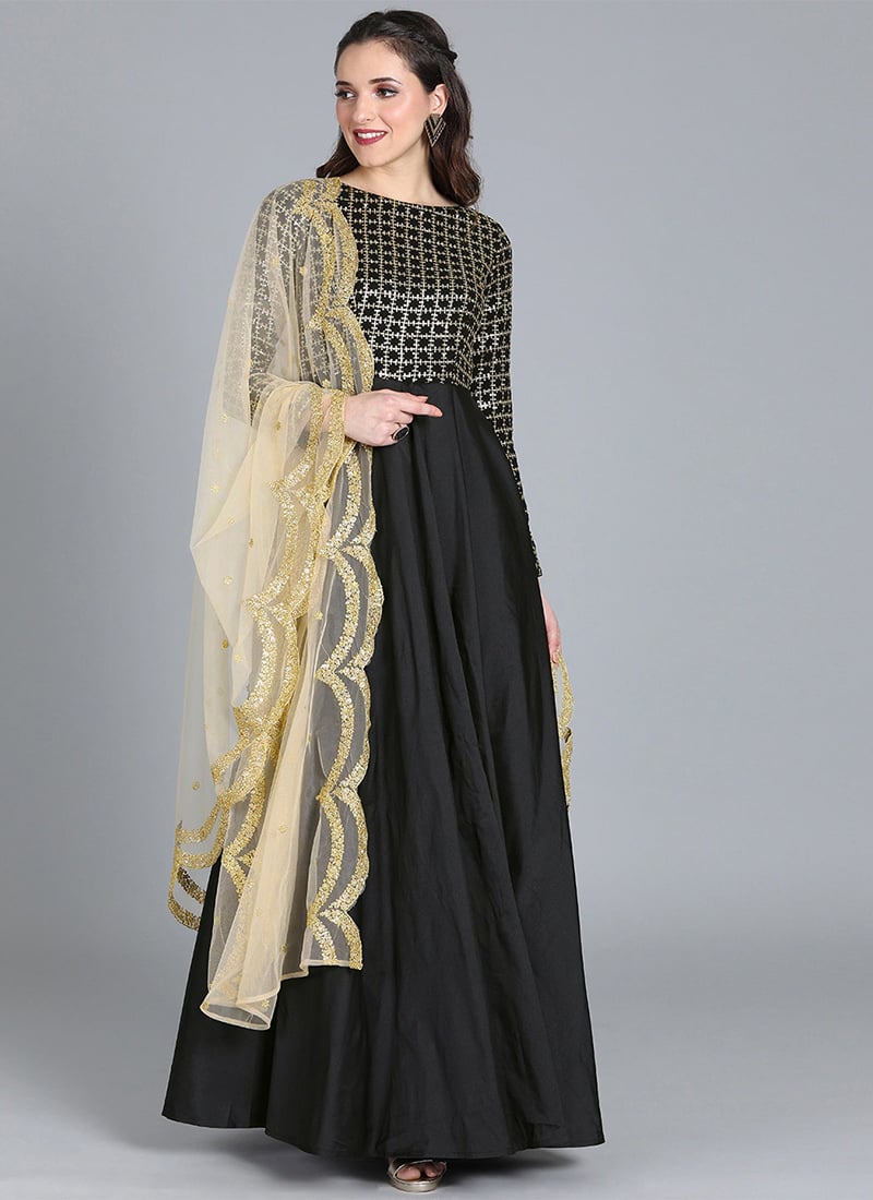 Beige N Black Embroidered Dupatta N Gown