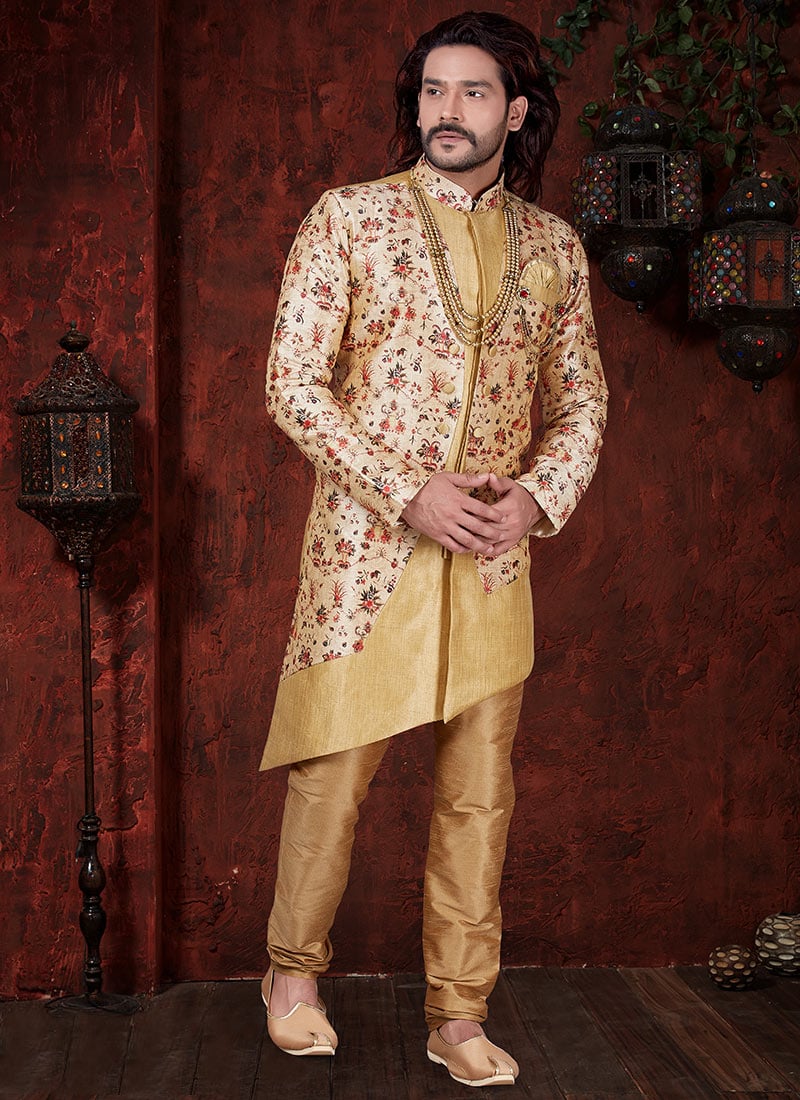 Beige N Cream Jacquard Indowestern Sherwani Wedding Wear