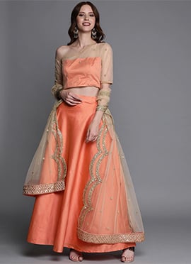 Beige N Peach Contrast One Shoulder Lehenga Set