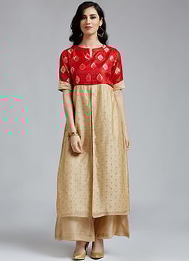 Beige N Red Chanderi Cotton Palazzo Suit