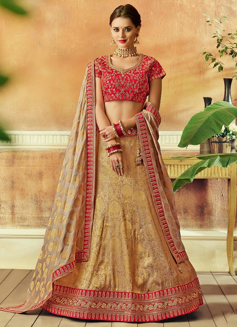 Beige N Red Jacquard A Line Lehenga Wedding Wear