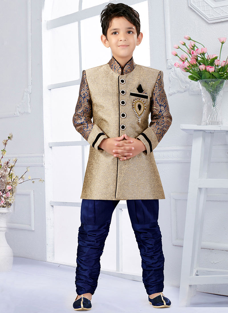 Buy Beige N Royal Blue Art Silk Breeches Style Kids Sherwani, boys
