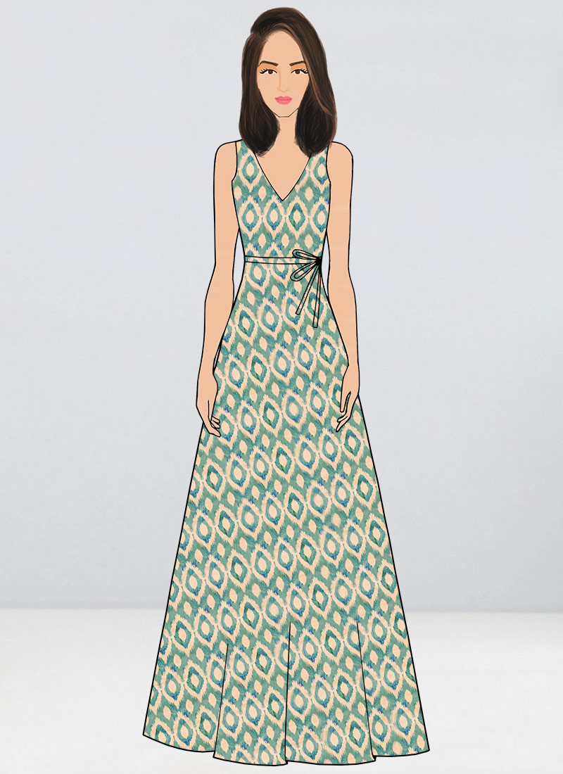 Beige N Sea Green Printed Floor Length Gown Party Wear