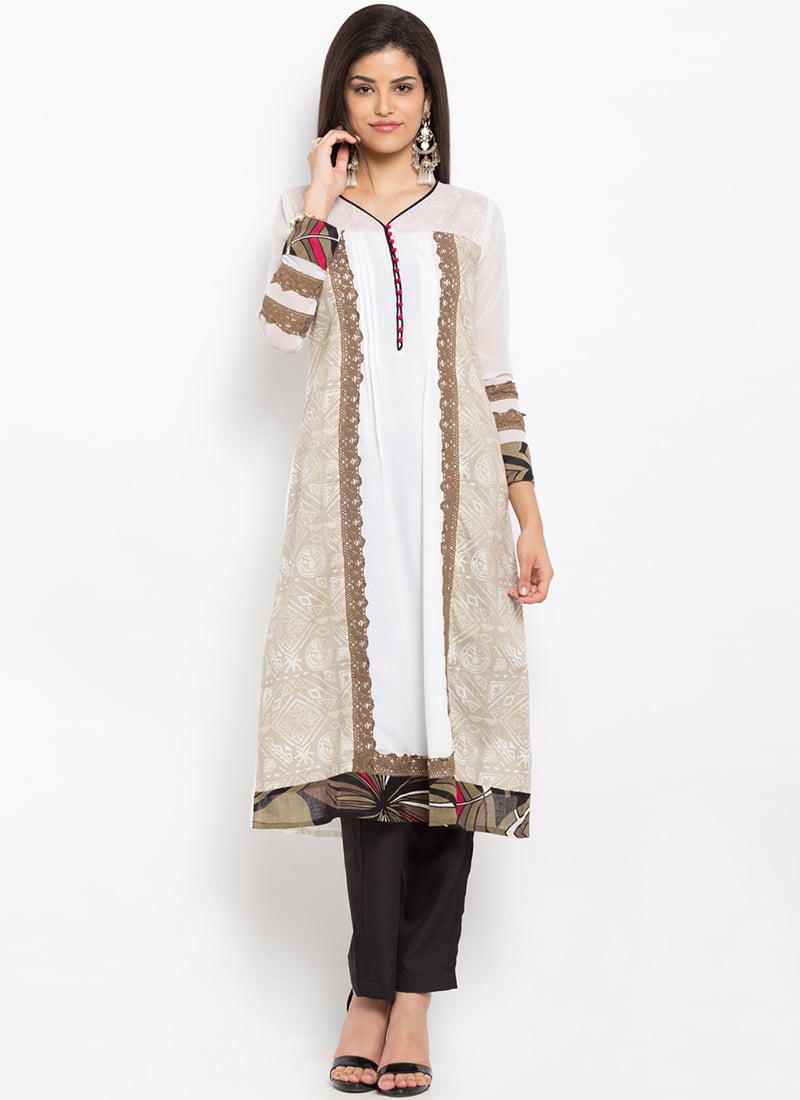 Beige N White Cotton Kurti After Six Wear