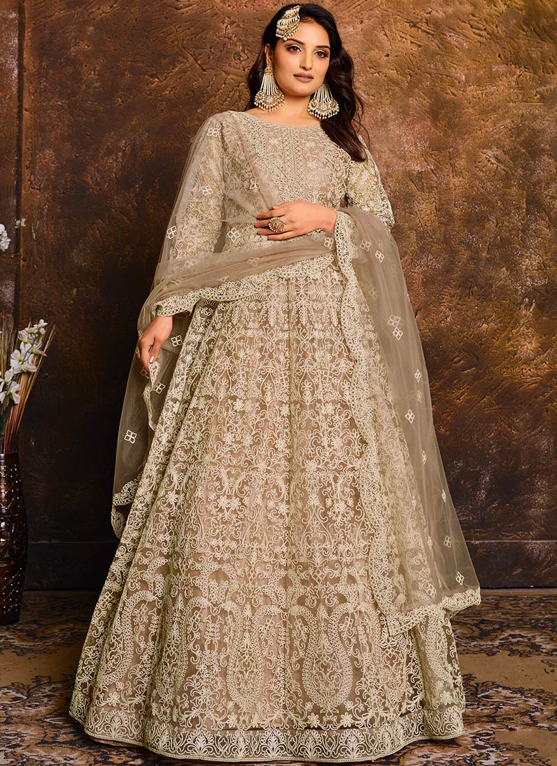 Beige Net Anarkali Suit Party Wear