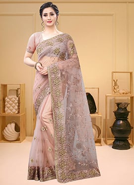 Mauve Net Embroidered Saree