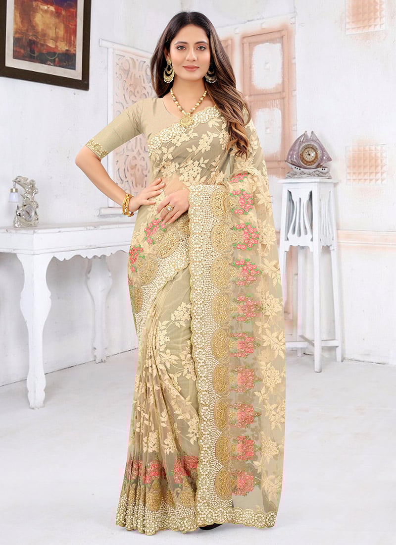 Beige Net Embroidered Saree