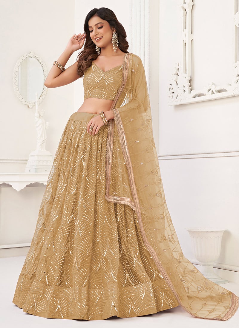Beige Net Embroidered Sequins Elegant Lehenga Wedding Wear