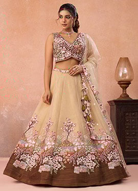 Beige Net Embroidered Sequins Stone Work Lehenga