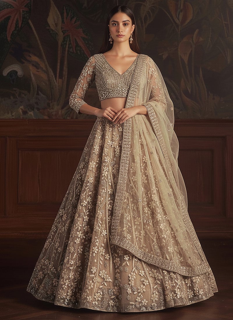 Beige Net Embroidered Sequins With Stone Work Lehenga Wedding Wear