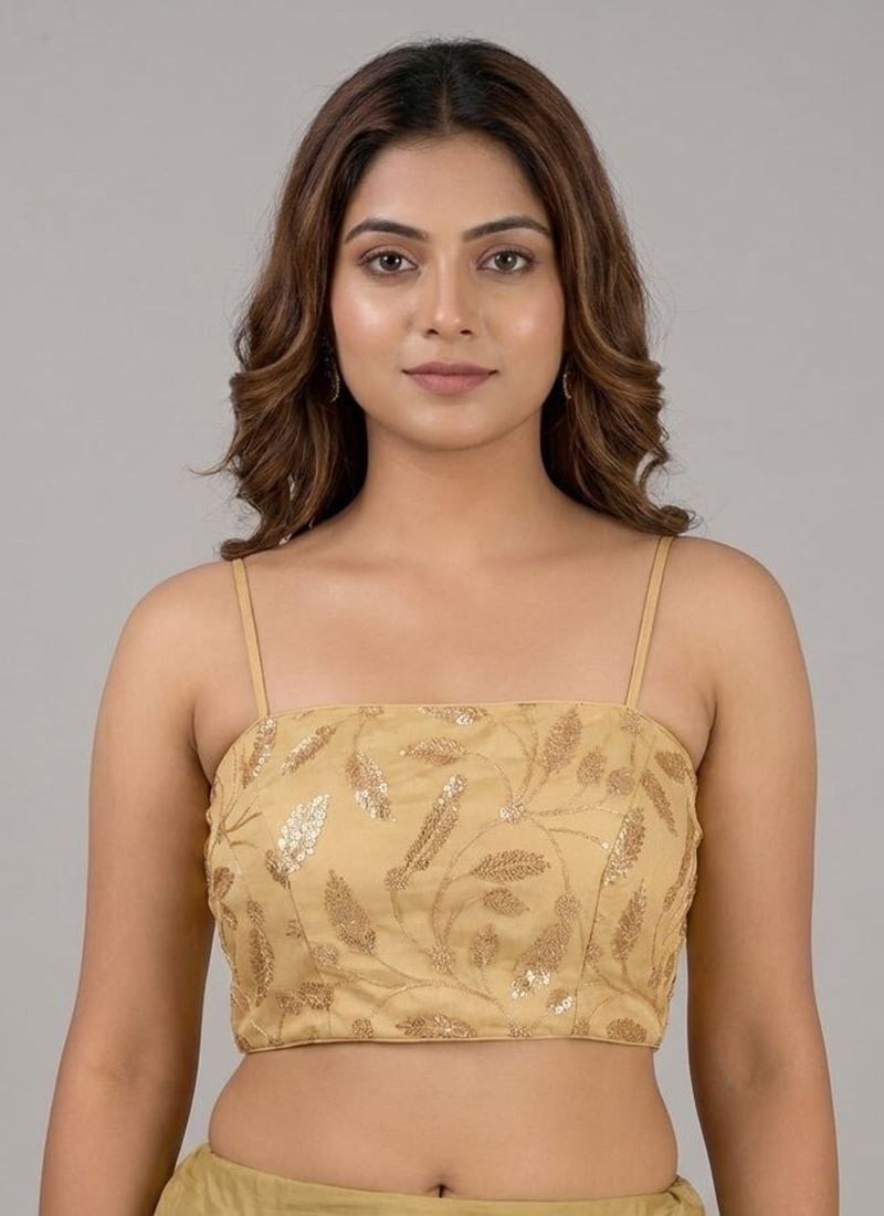 Beige Net Embroidered Smocking Stretchable Blouse Festive Wear