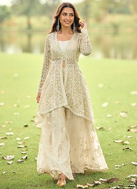 Beige Net Embroidered Stone Sequin Thread Indowestern Set and Suit
