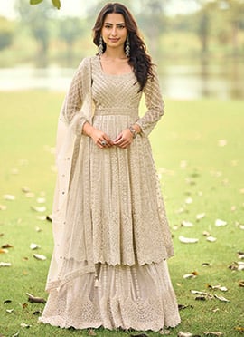 Beige Net Embroidered Stones Anarkali Suit