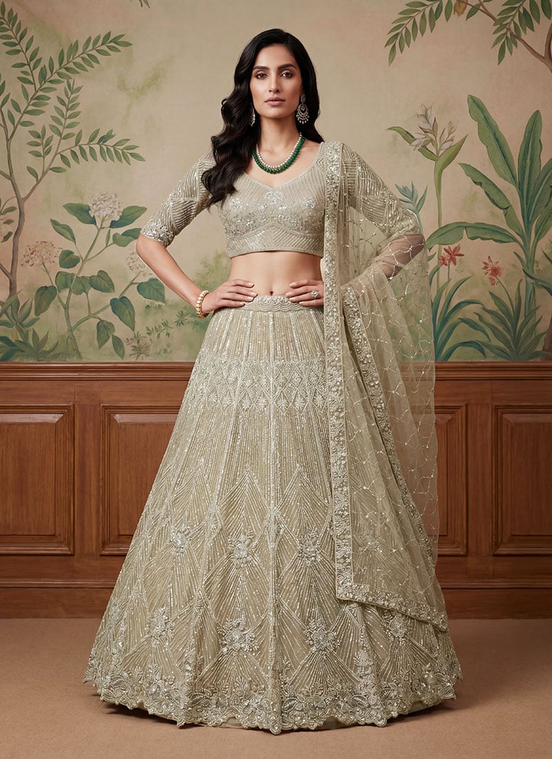 Beige Net Hand Embroidered Sequins With Stone Work Lehenga  Wedding Wear