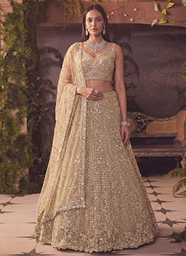 Beige Net Sequins Embroidered Moti Zari Thread Cutdana Umbrella Lehenga