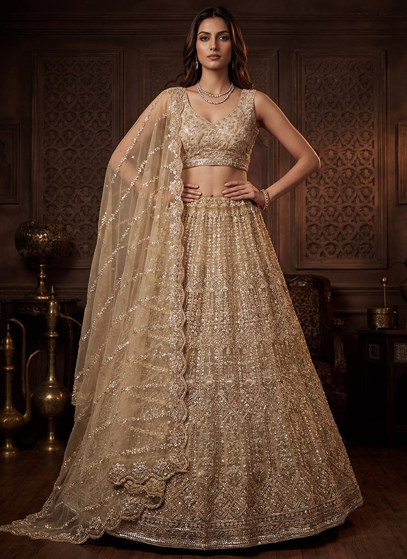 Beige Net Sequins Embroidered Moti Zari Thread Cutdana Umbrella Lehenga Wedding Wear