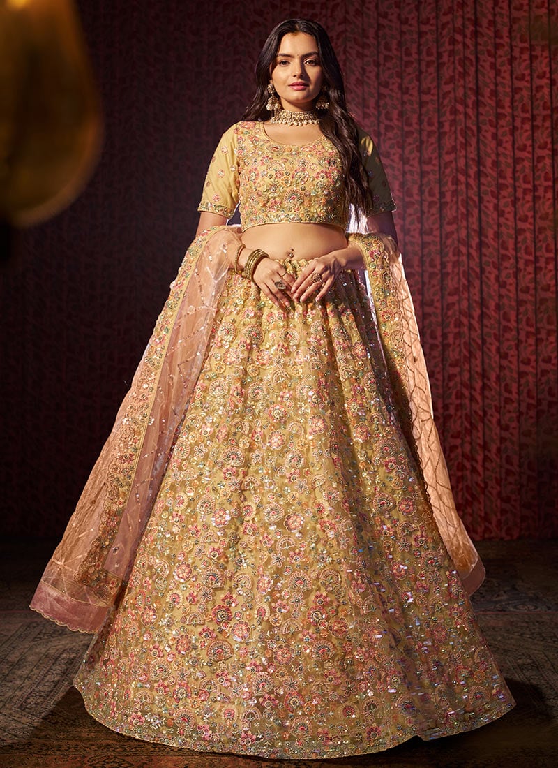 Beige Net Sequins Embroidered Thread Zarkan Hand Work Umbrella Lehenga Wedding Wear
