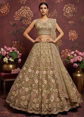 Beige Net Sequins Embroidered Zari Hand Work Thread Cutdana Umbrella Lehenga