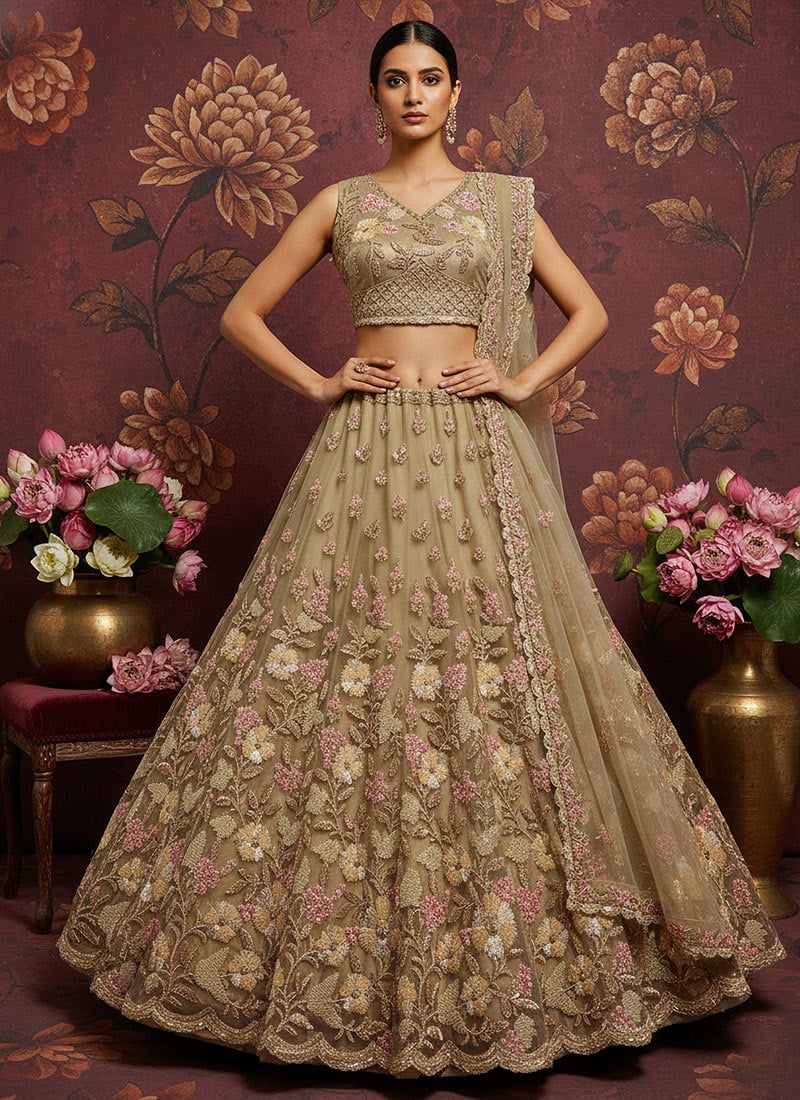 Beige Net Sequins Embroidered Zari Hand Work Thread Cutdana Umbrella Lehenga Wedding Wear