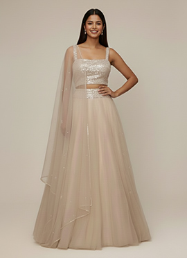 Beige Net Sequins Hand Embroidered Umbrella Lehenga