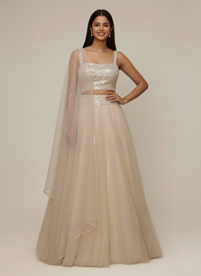 Beige Net Sequins Hand Embroidered Umbrella Lehenga Wedding Wear