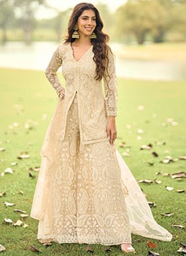 Beige Net Stone Embroidered Beads Palazzo Suit
