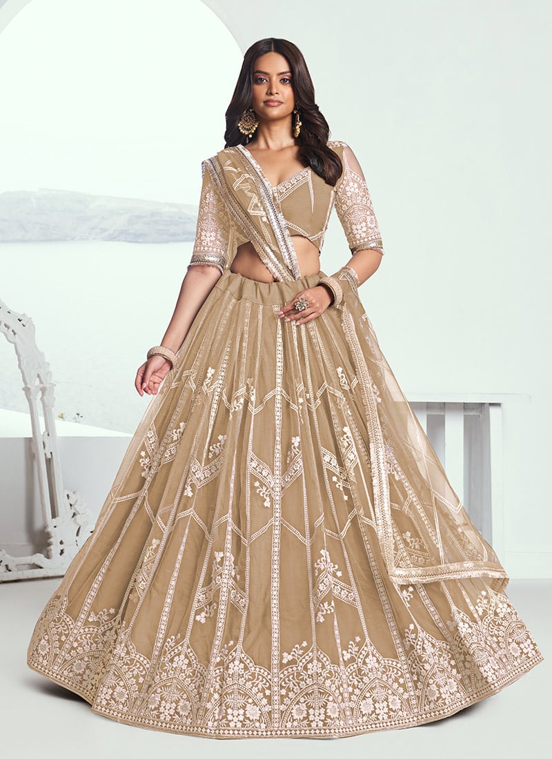 Beige Net Zari Embroidered Sequins Lehenga Wedding Wear