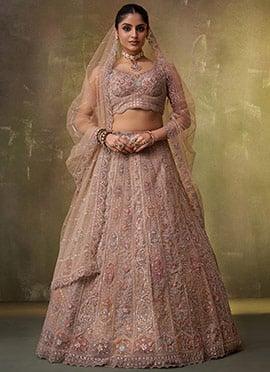 Beige Net Zari Embroidered Sequins With Beads Work Lehenga Wedding Wear