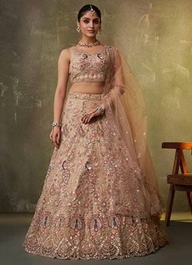 Beige Net Zari Embroidered Sequins With Beads Work Lehenga