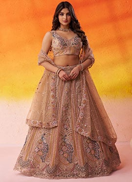 Beige Net Zari Embroidered Sequins With Beads Work Lehenga
