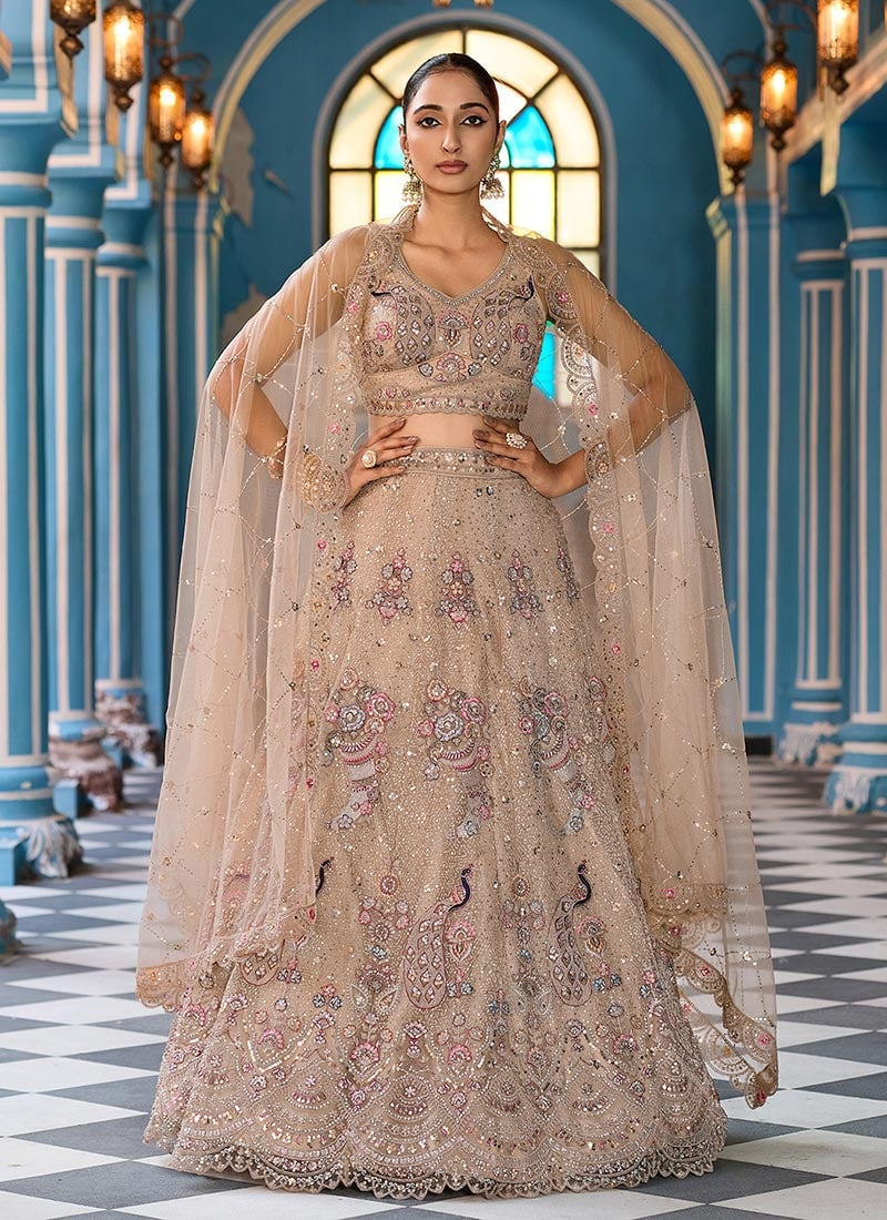 Beige Net Zari Embroidered Sequins With Stone Work Lehenga Wedding Wear