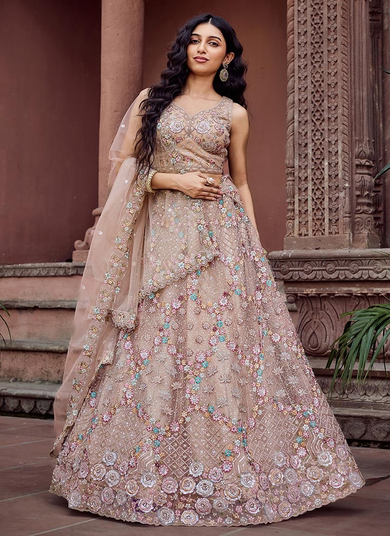 Beige Net Zari Embroidered Sequins With Stone Work Lehenga Wedding Wear