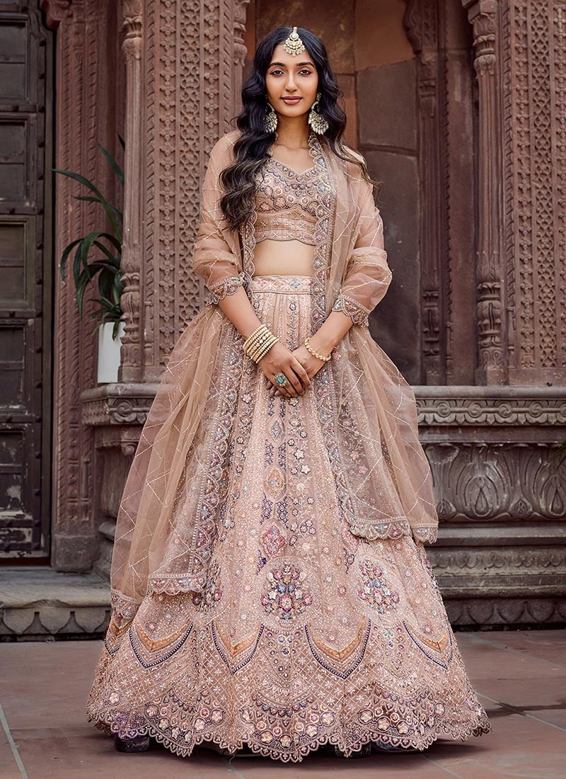 Beige Net Zari Embroidered Sequins With Stone Work Lehenga
