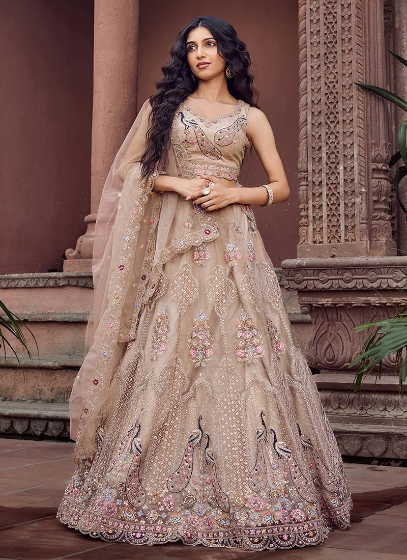 Beige Net Zari Embroidered Sequins With Stone Work Lehenga Wedding Wear