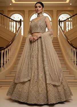 Beige Net Zari Sequins Embroidered Thread Zarkan Stones Umbrella Lehenga