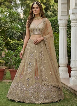Beige Net Zari Sequins Embroidered Zarkan Stones Dori Thread Umbrella Lehenga