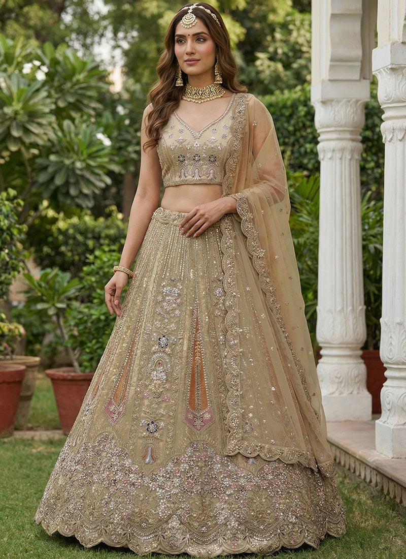 Beige Net Zari Sequins Embroidered Zarkan Stones Dori Thread Umbrella Lehenga Wedding Wear