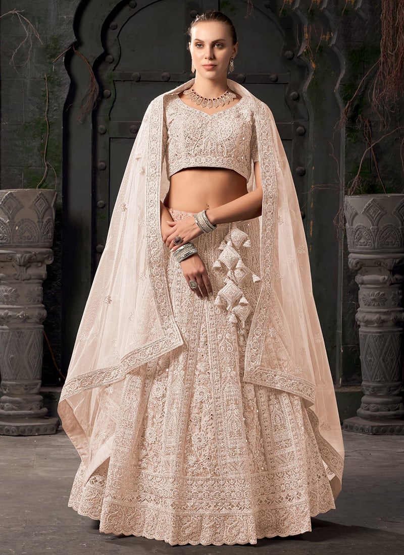 Beige Net Zari Zarkan Embroidered Sequins Lehenga A Touch Of Class Wedding Wear