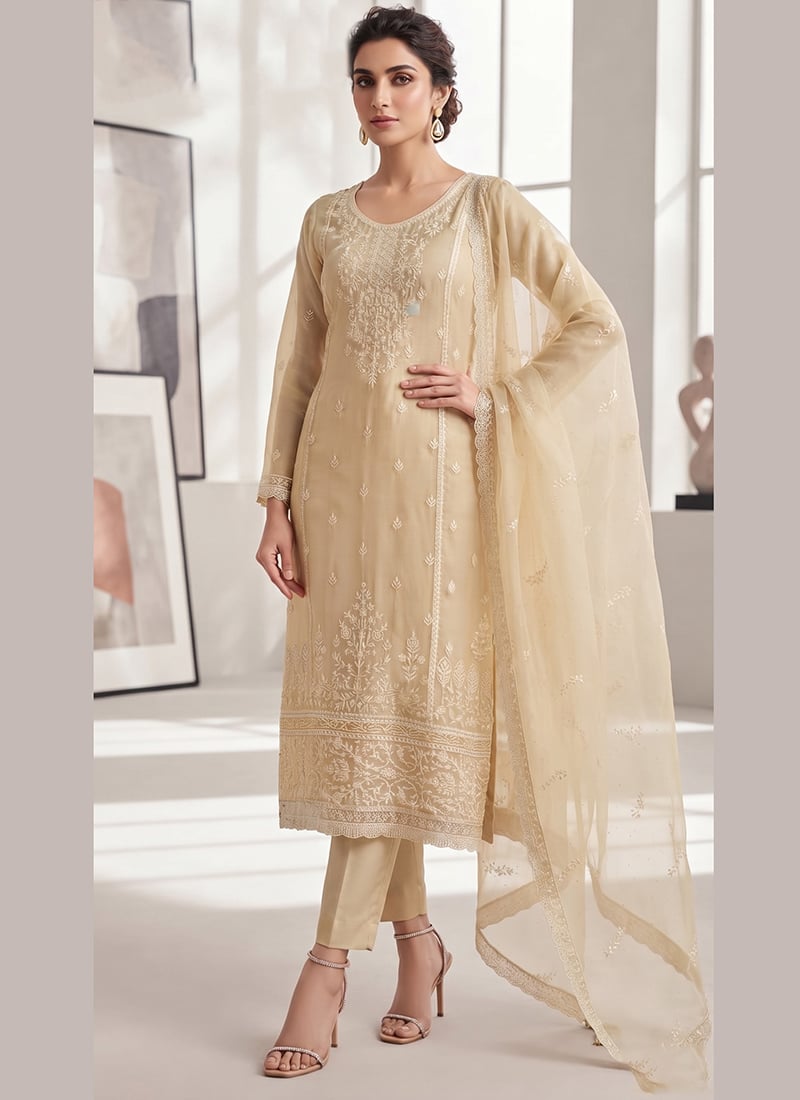 Beige Organza Chiffon Embroidered Straight Pant Suit Festive Wear