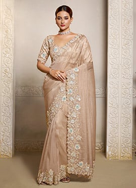 Beige Organza Crush Satin Hand Embroidered Sequins With Stone Work Saree